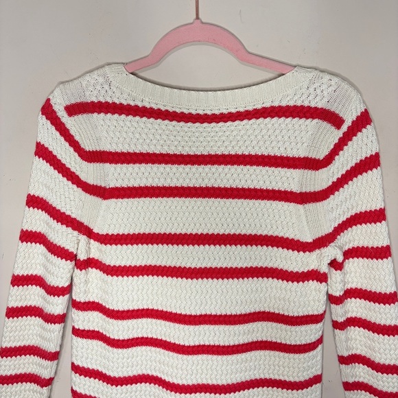 TALBOTS Coral & Beige Striped Cable Knit Crewneck Sweater, Medium Petite - Picture 6 of 10